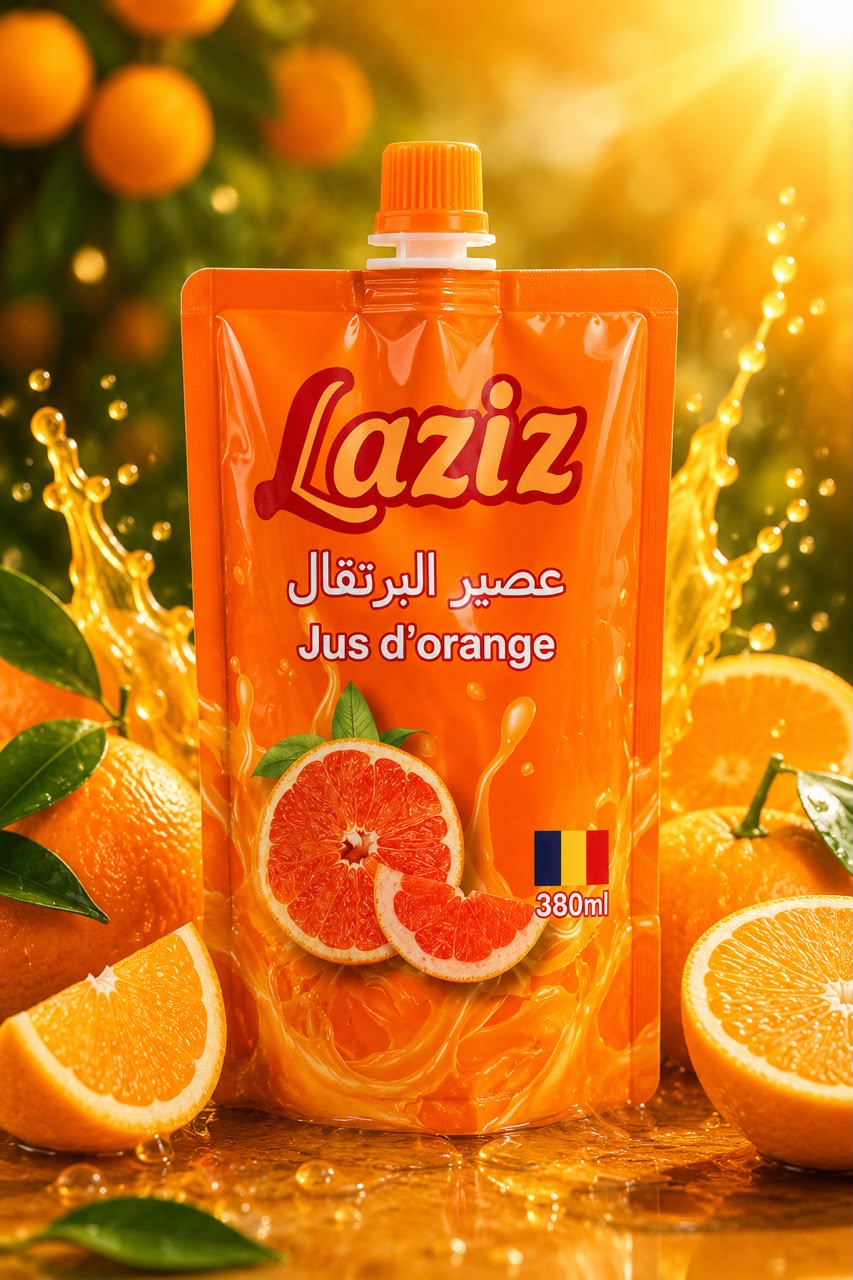 عبوة عصير برتقال لذيذ بلون برتقالي زاهٍ